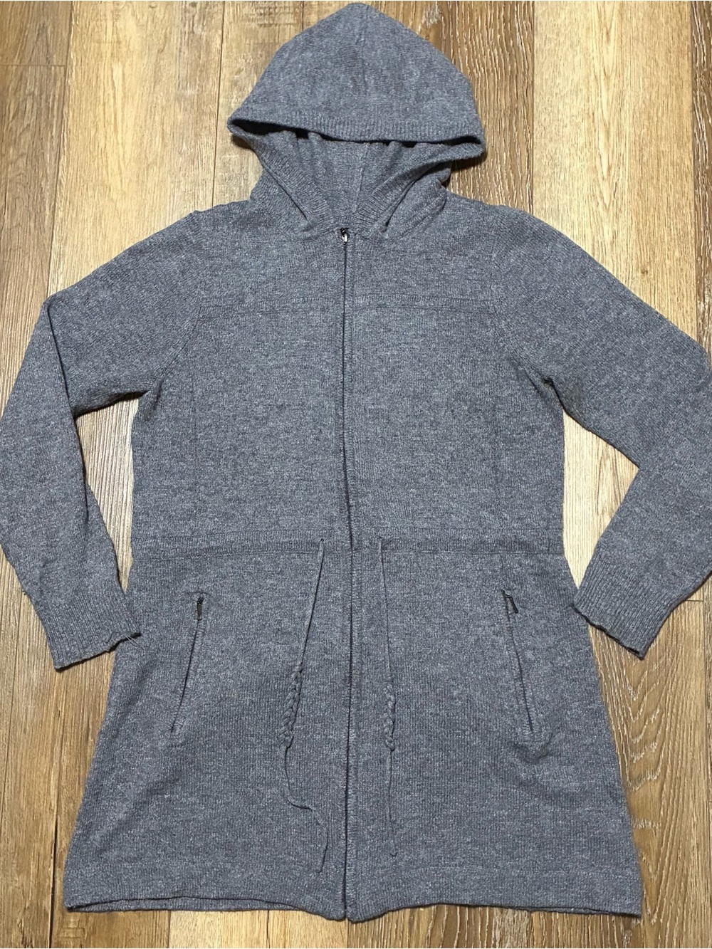 Dakini Grey Hooded Zip Cardigan Sweater Jacket L Knit Lambswool Cashmere Cinch